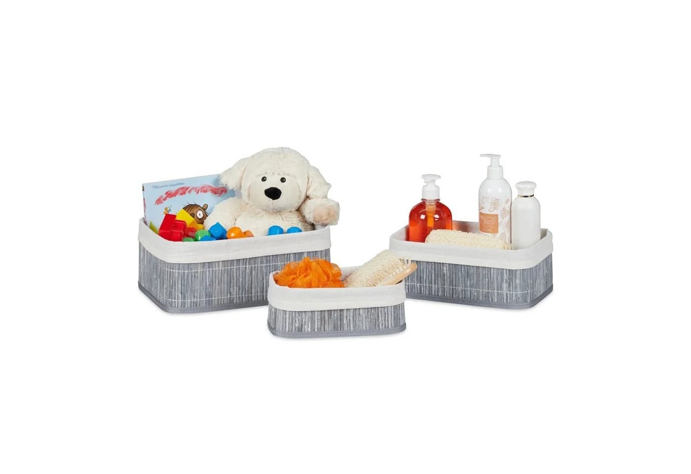 relaxdays Aufbewahrungskorb Bad 3-teiliges Set Grau Bambus - Bild 2