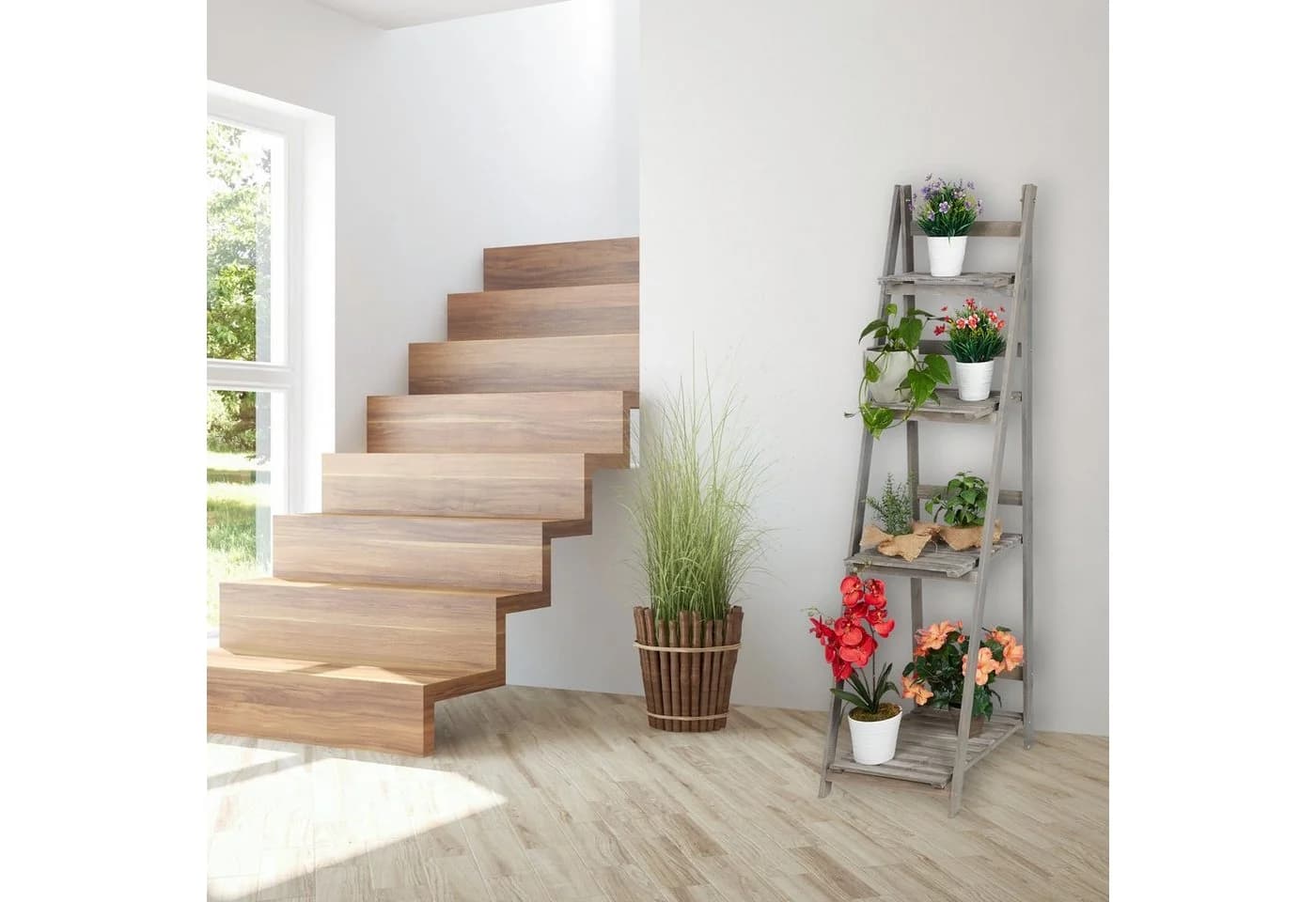 relaxdays Blumenständer XL grau aus Holz mit 4 Ablagen