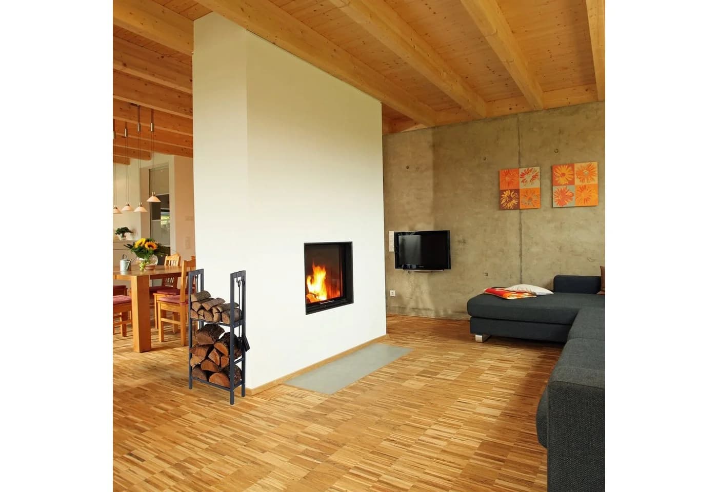 relaxdays Kaminholzregal mit 2 Ablagen & Haken Anthrazit