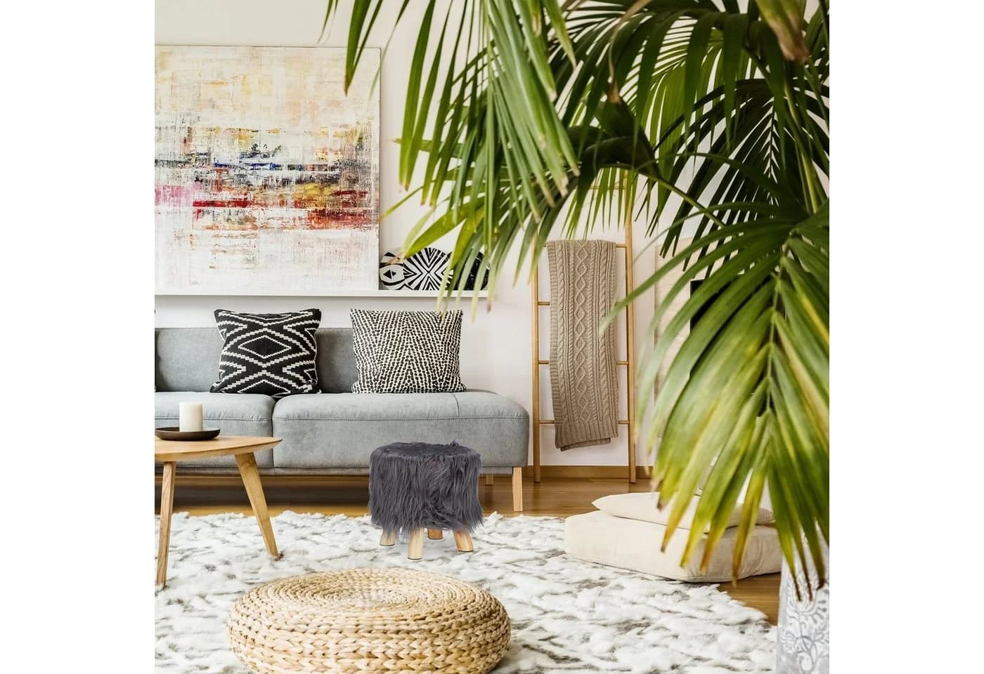 relaxdays Hocker Fell Hocker Grau Kunstfell Kiefernholz
