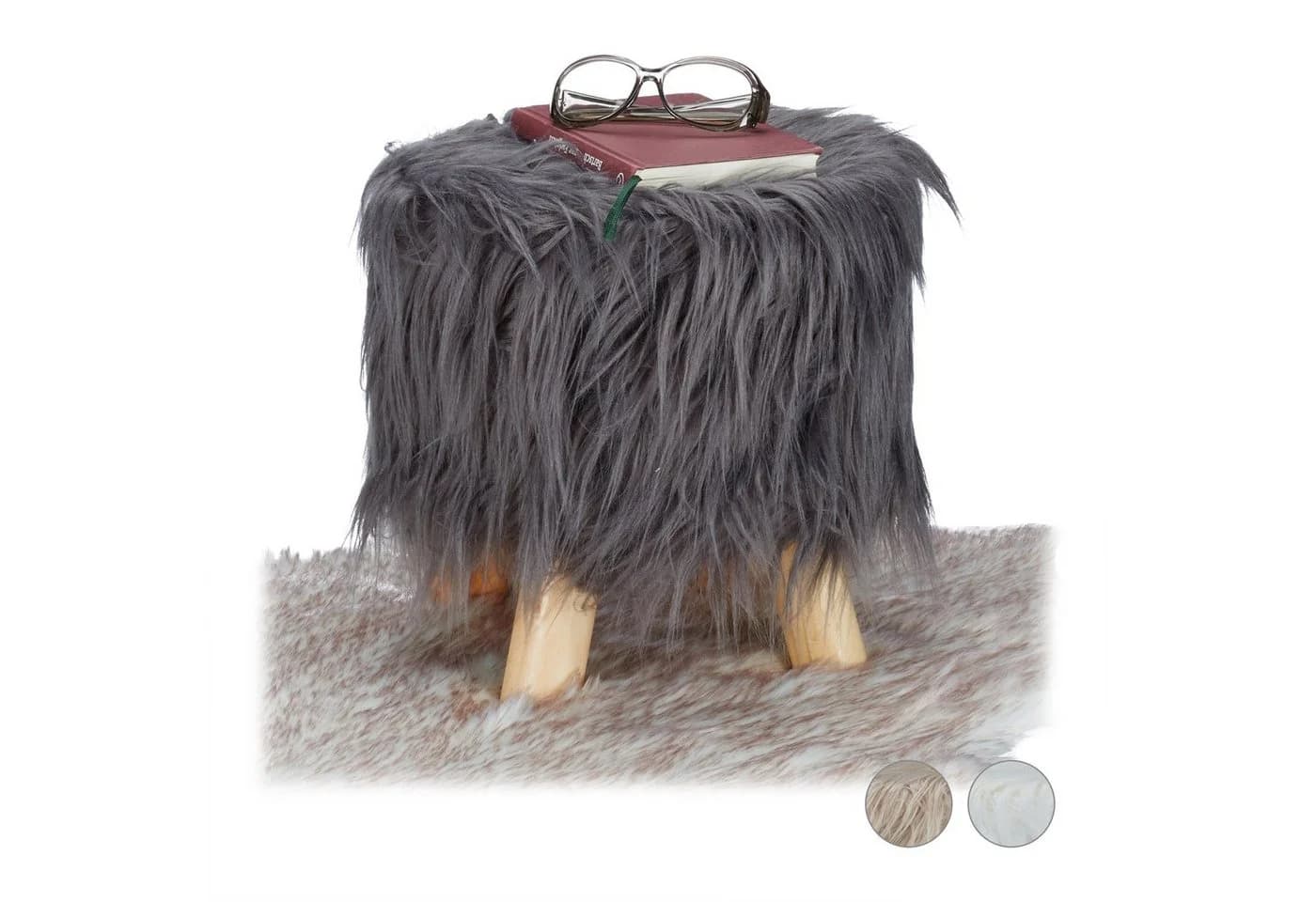 relaxdays Hocker Fell Hocker Grau Kunstfell Kiefernholz - Bild 2