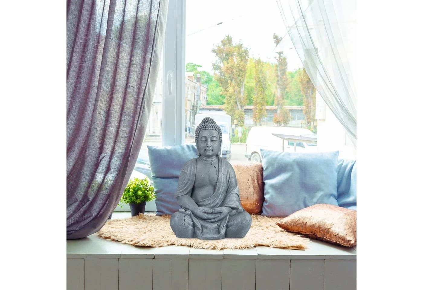 relaxdays Buddha Figur 70 cm Hellgrau Polyresin Statue