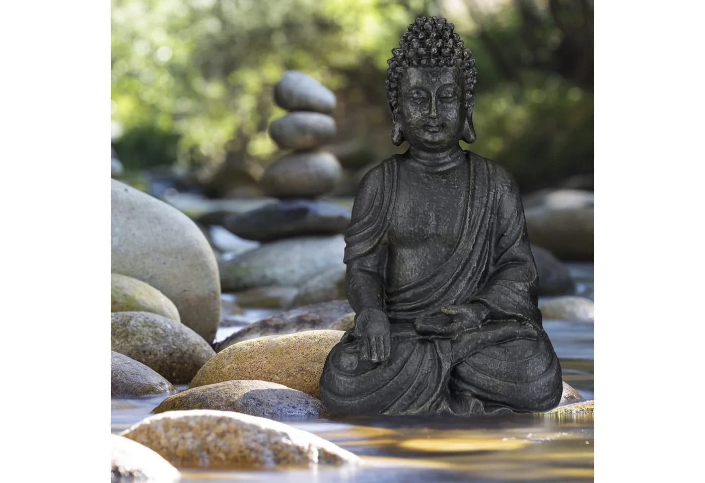 relaxdays Buddhafigur sitzend 40 cm, Dunkelgrau Polyresin