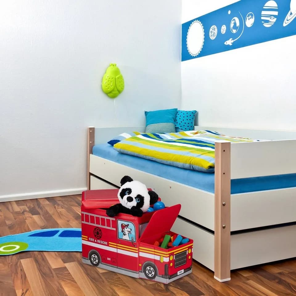 relaxdays Sitzkiepe Fire Truck Spielzeugbox mit Sitzfunktion