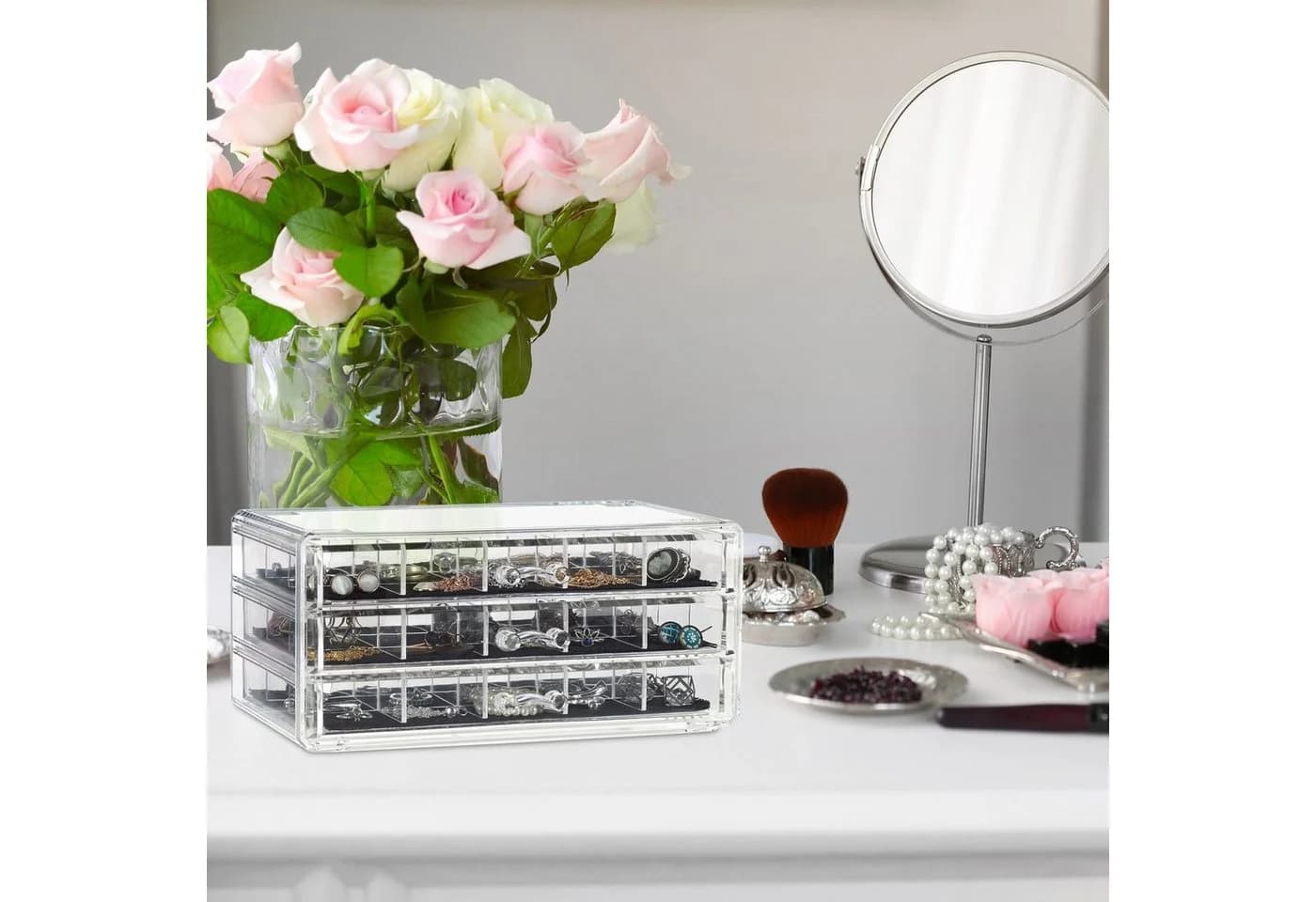 relaxdays Make-Up Organizer Transparent mit 3 Schubladen & 15 Fächern