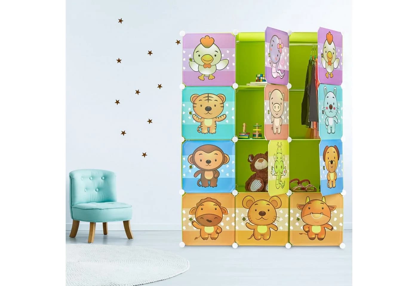 relaxdays Kinderkleiderschrank Steckregal mit Tiermotiven Grün/Orange/Blau