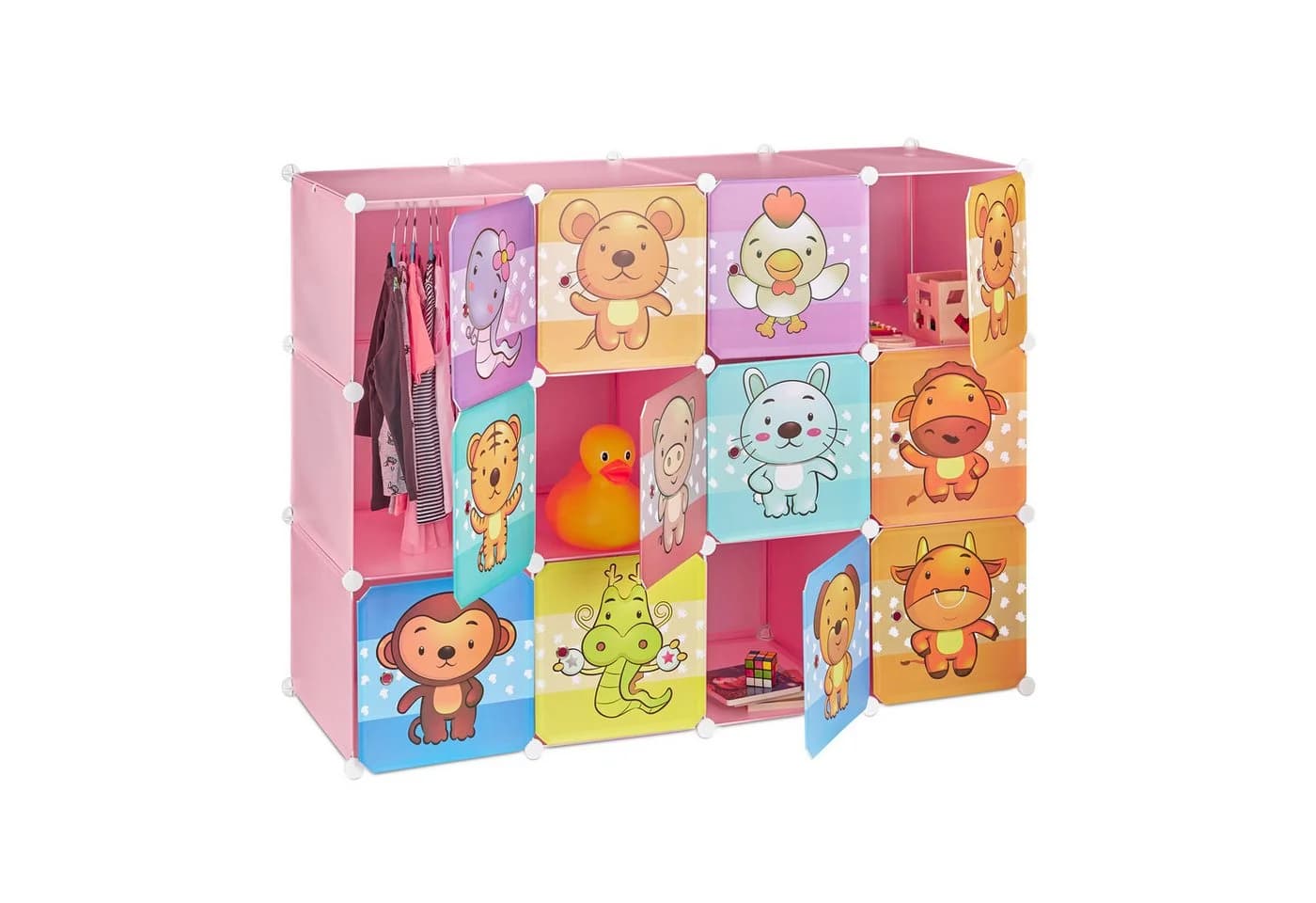 relaxdays Kinderkleiderschrank Steckregal mit Tiermotiven Grün/Orange/Blau - Bild 2