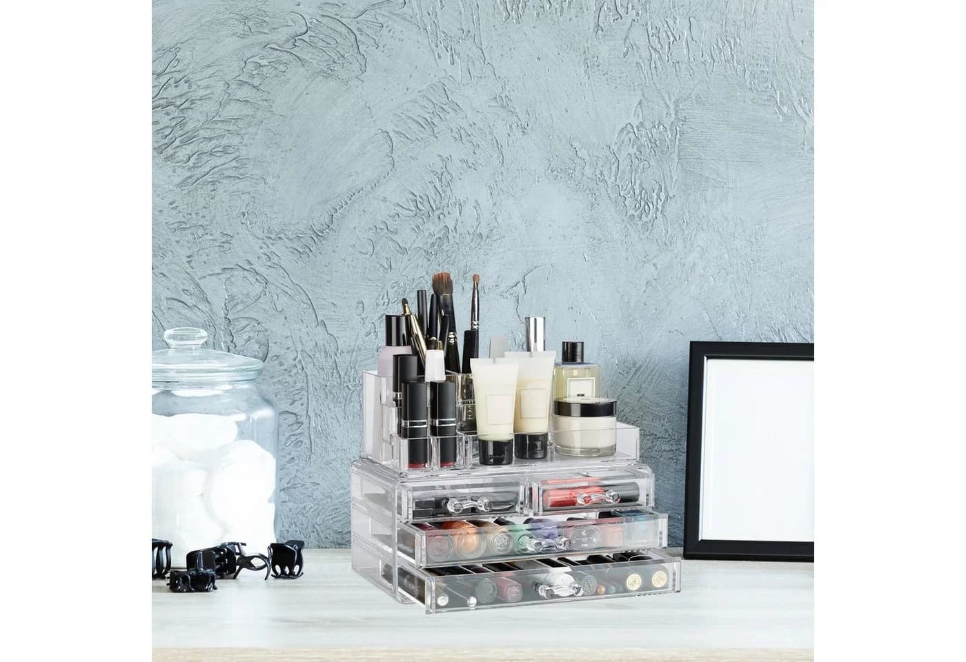 relaxdays Make-Up Organizer mit 4 Schubladen, transparent