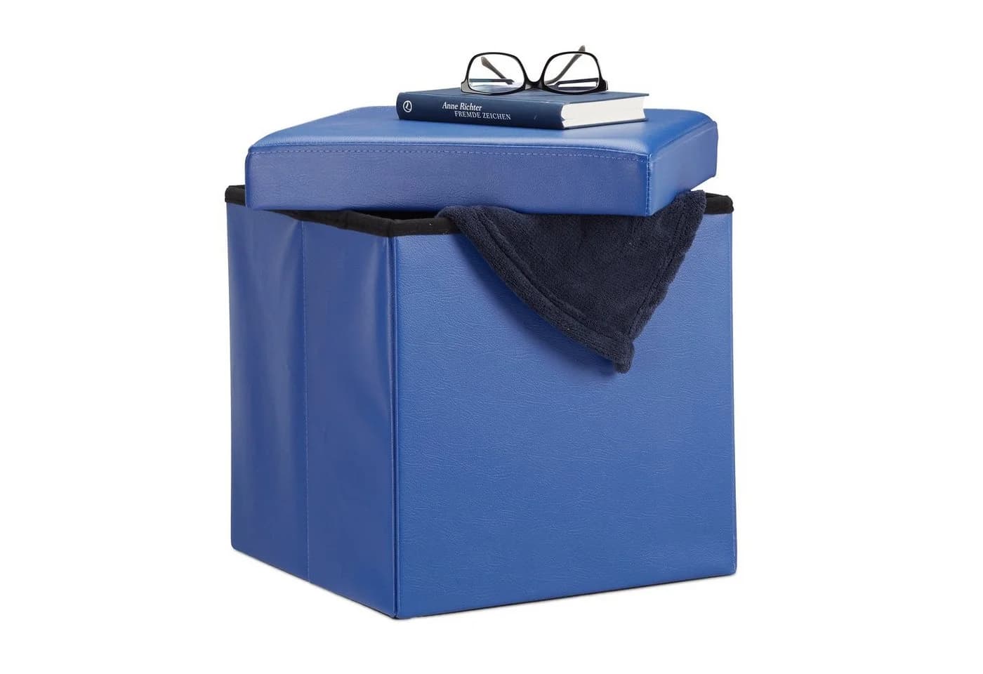 relaxdays Faltbarer Sitzhocker Kunstleder Blau mit Stauraum - Bild 2