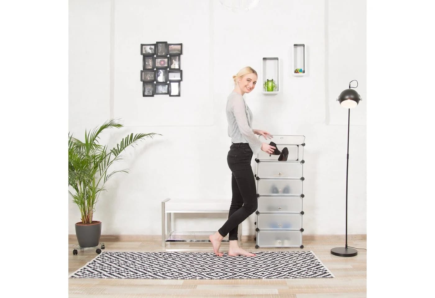 relaxdays Schuhschrank 6 Fächer Schwarz Transparent Stecksystem