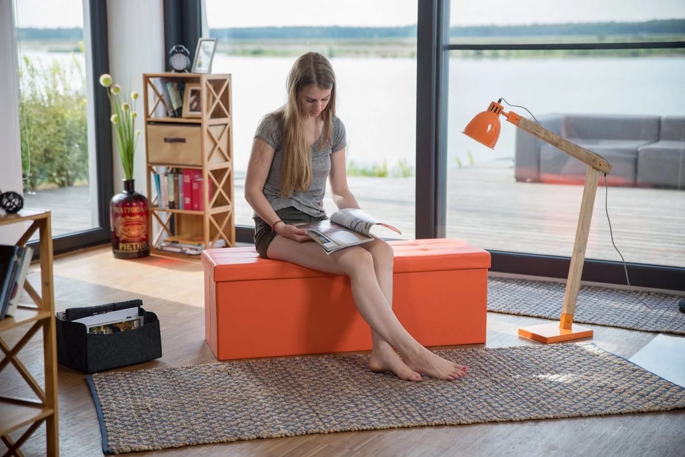 relaxdays Faltbare Sitzbank aus Kunstleder orange