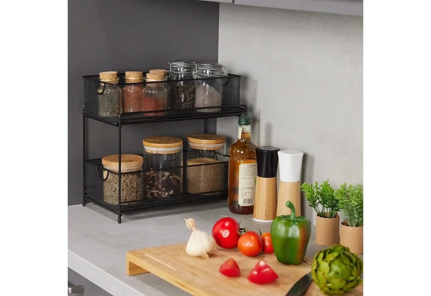 relaxdays Küchen Organizer 2 Ausziehkörbe Schwarz Metall