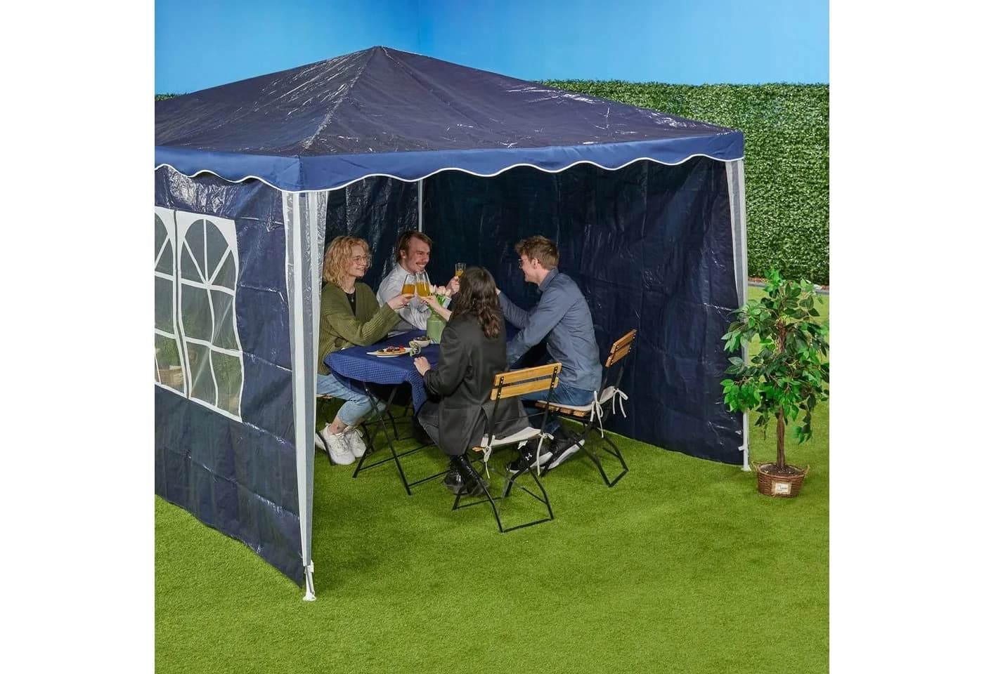 relaxdays Pavillonseitenteil 3er Set blau mit Fenster