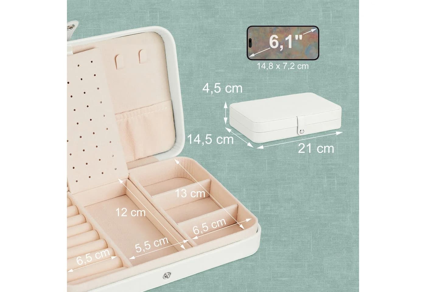 relaxdays Schmuckkasten Weiß Reise-Schmuckbox mit Samtbezug - Bild 4