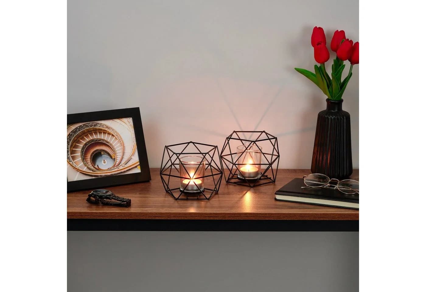 relaxdays Teelichthalter 2er Set Schwarz Geometrisches Design - Bild 5