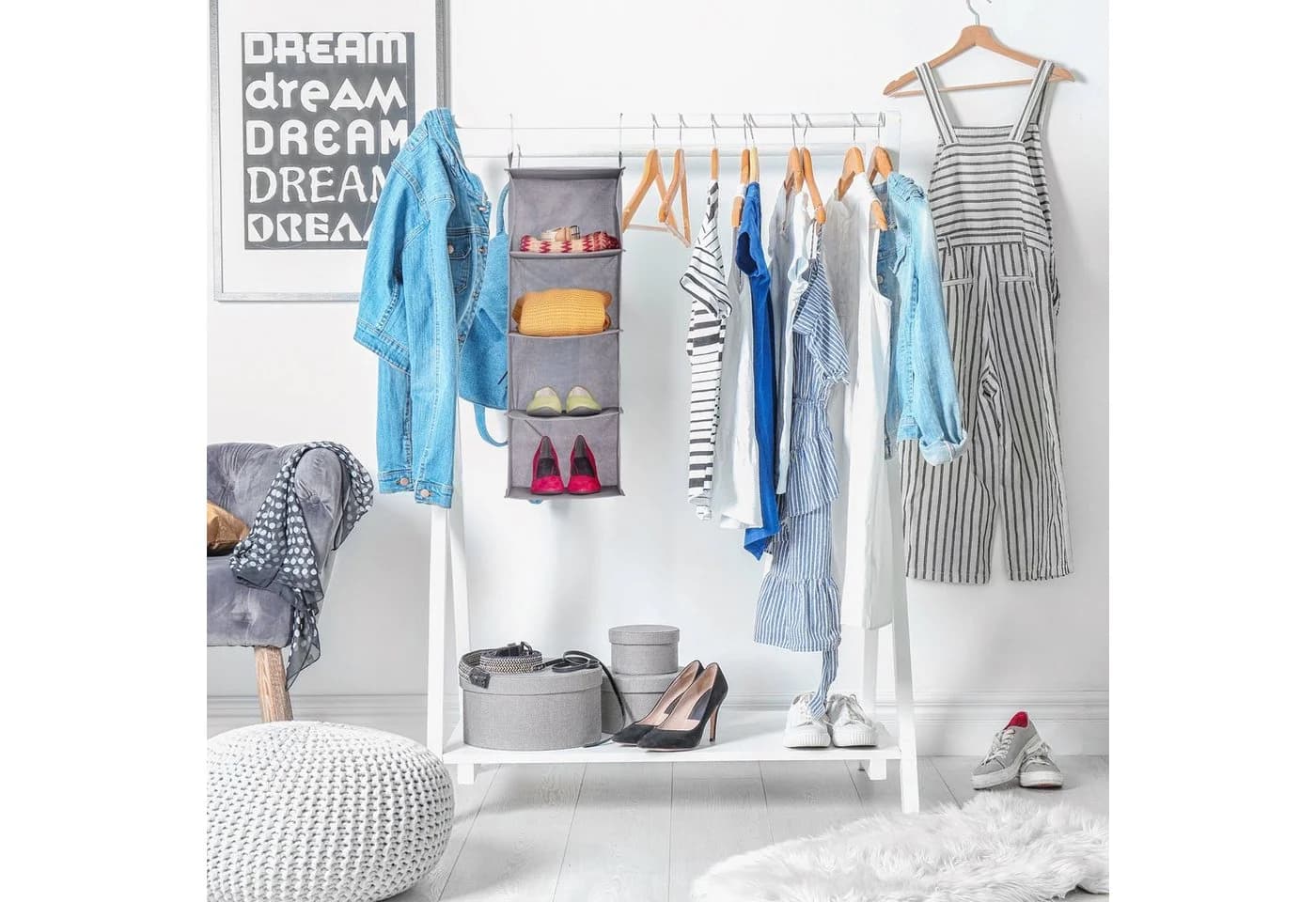 relaxdays Hängeregal Kleiderschrank 4 Fächer Grau