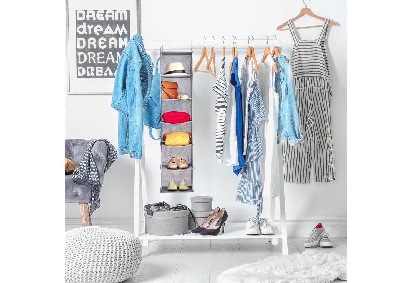 relaxdays Hängeregal Kleiderschrank 6 Fächer Grau