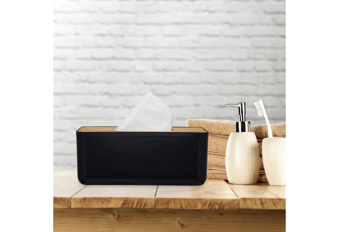 relaxdays Papiertuchbox Kosmetiktücher Box mit Holz-Deckel, Schwarz