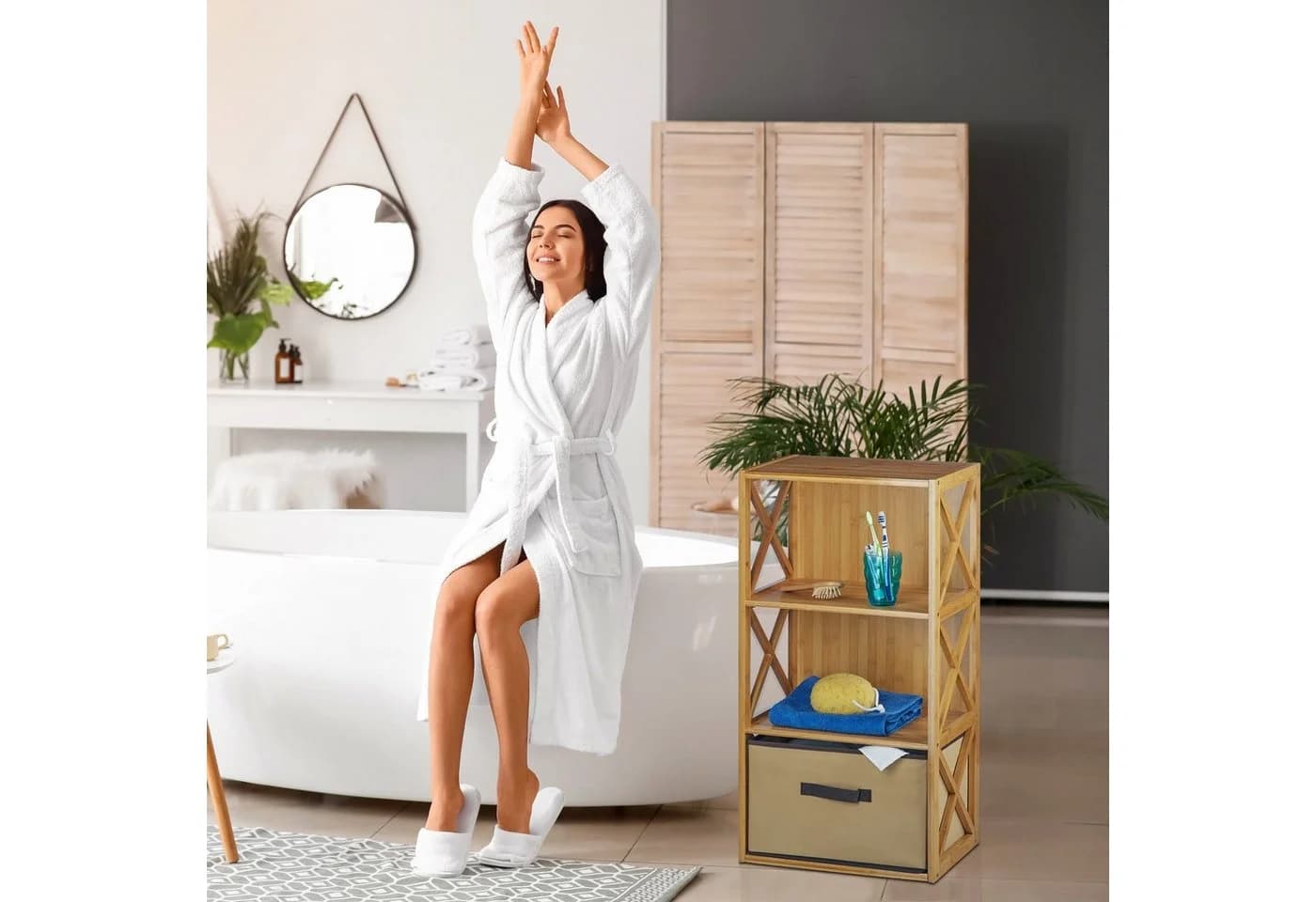 relaxdays Standregal Bambus mit Korb, 3 Ablagen - Bild 3