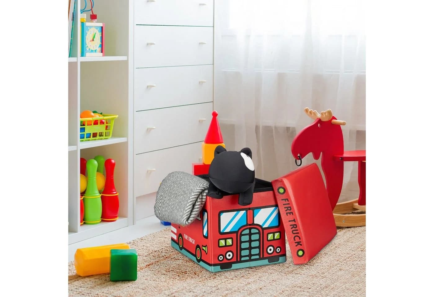 relaxdays Spielzeugtruhe Faltbar mit Stauraum, Fire Truck