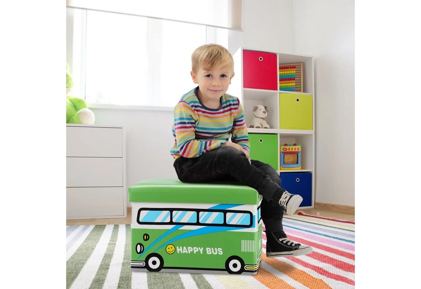 relaxdays Spielzeugtruhe Faltbar mit Stauraum Happy Bus Blau/Grün - Bild 3