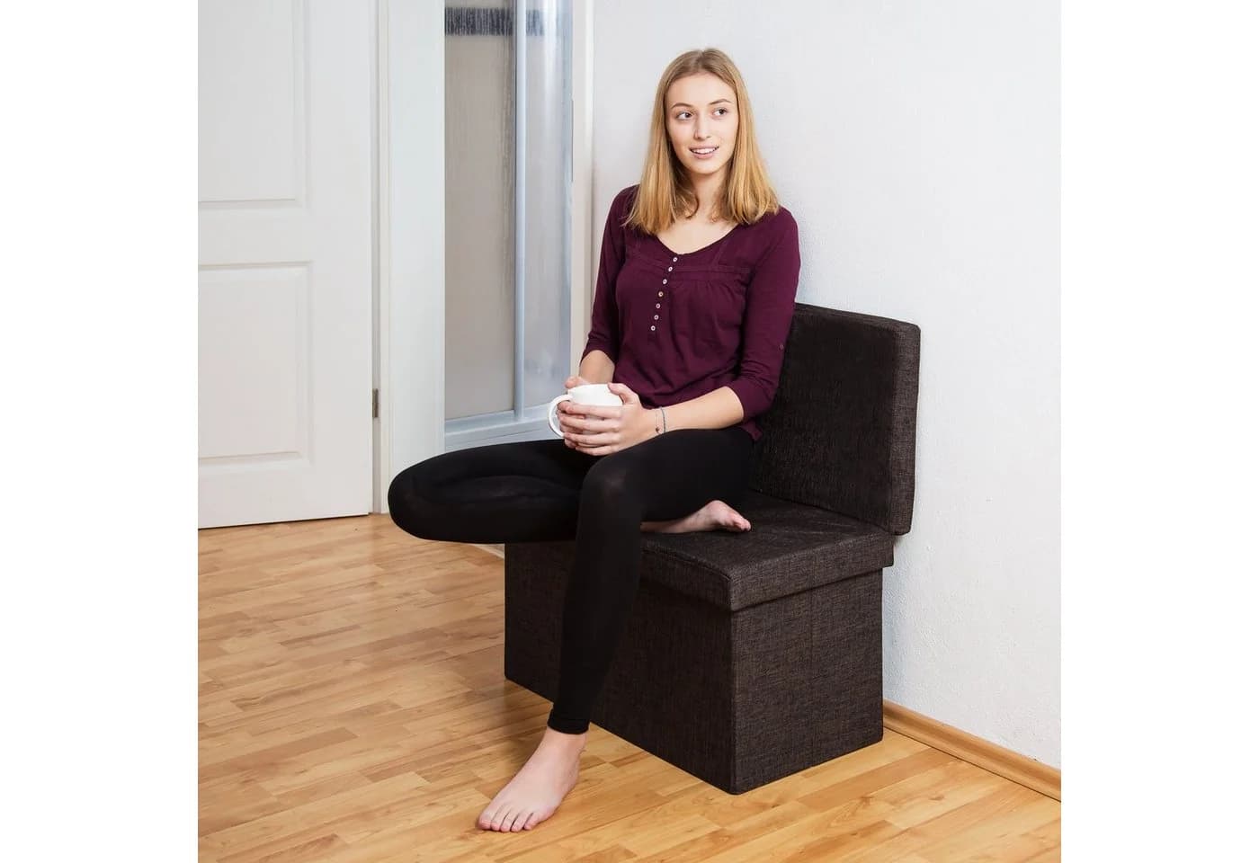 relaxdays Faltbarer Sitzhocker mit Lehne L, braun, Leinen