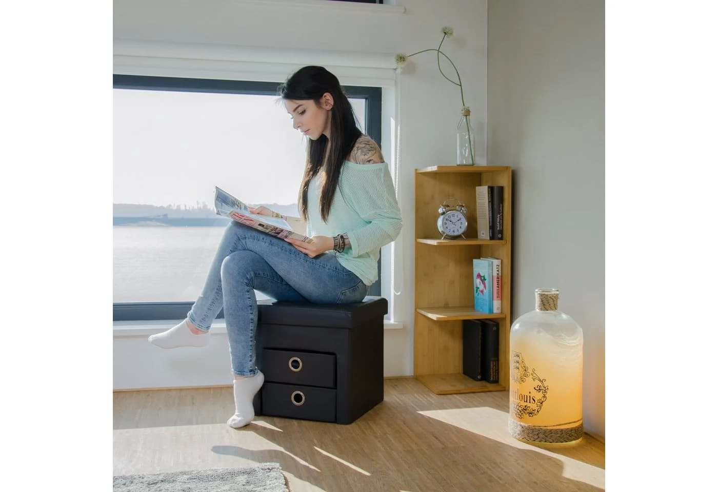 relaxdays Sitzhocker aus Kunstleder mit 2 Fächern, schwarz, faltbar