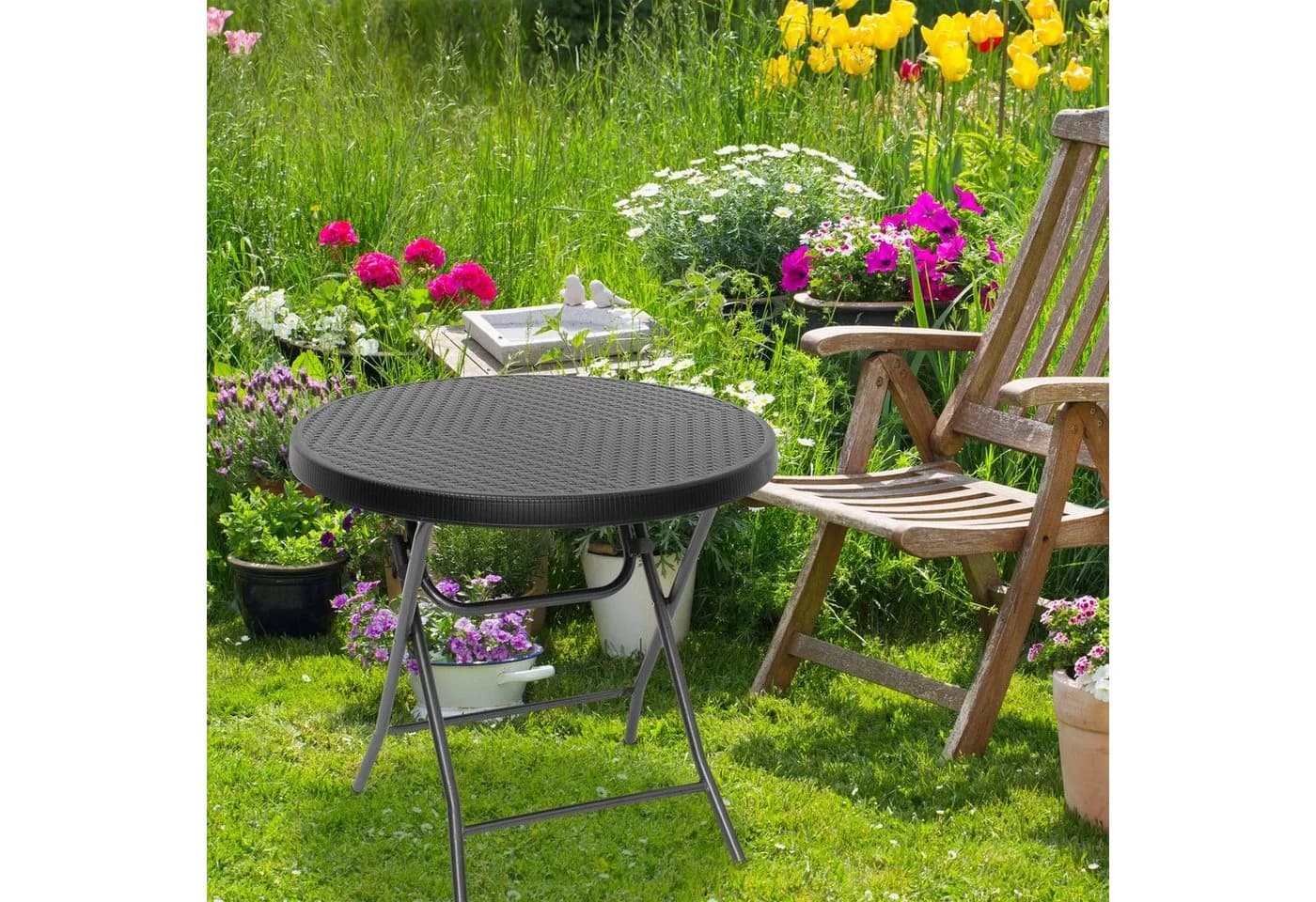 relaxdays Klapptisch Gartentisch BASTIAN Schwarz Rund