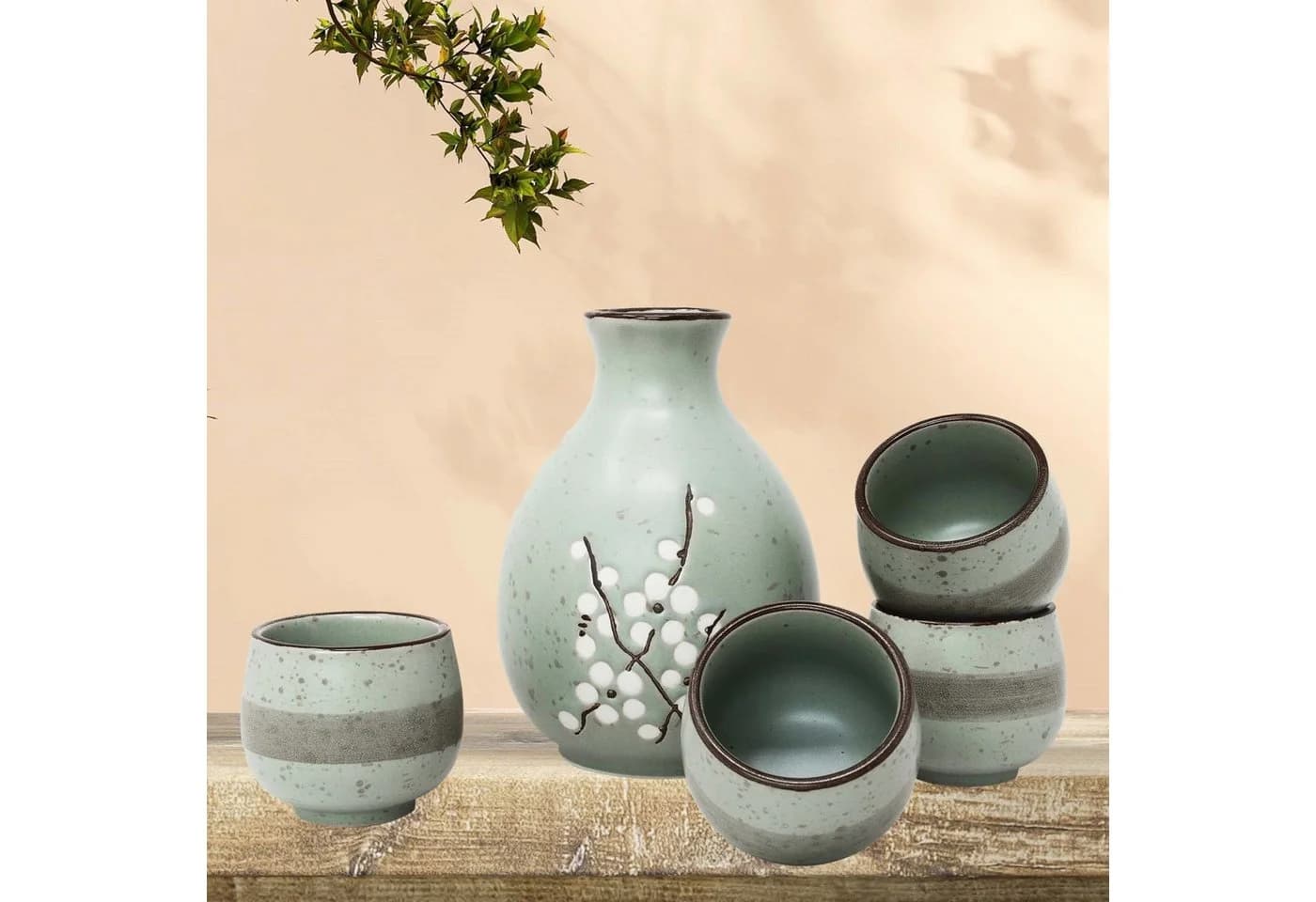 MystiCalls Sake-Set 5-tlg. Japanisch Keramik Kirschblüte Blau