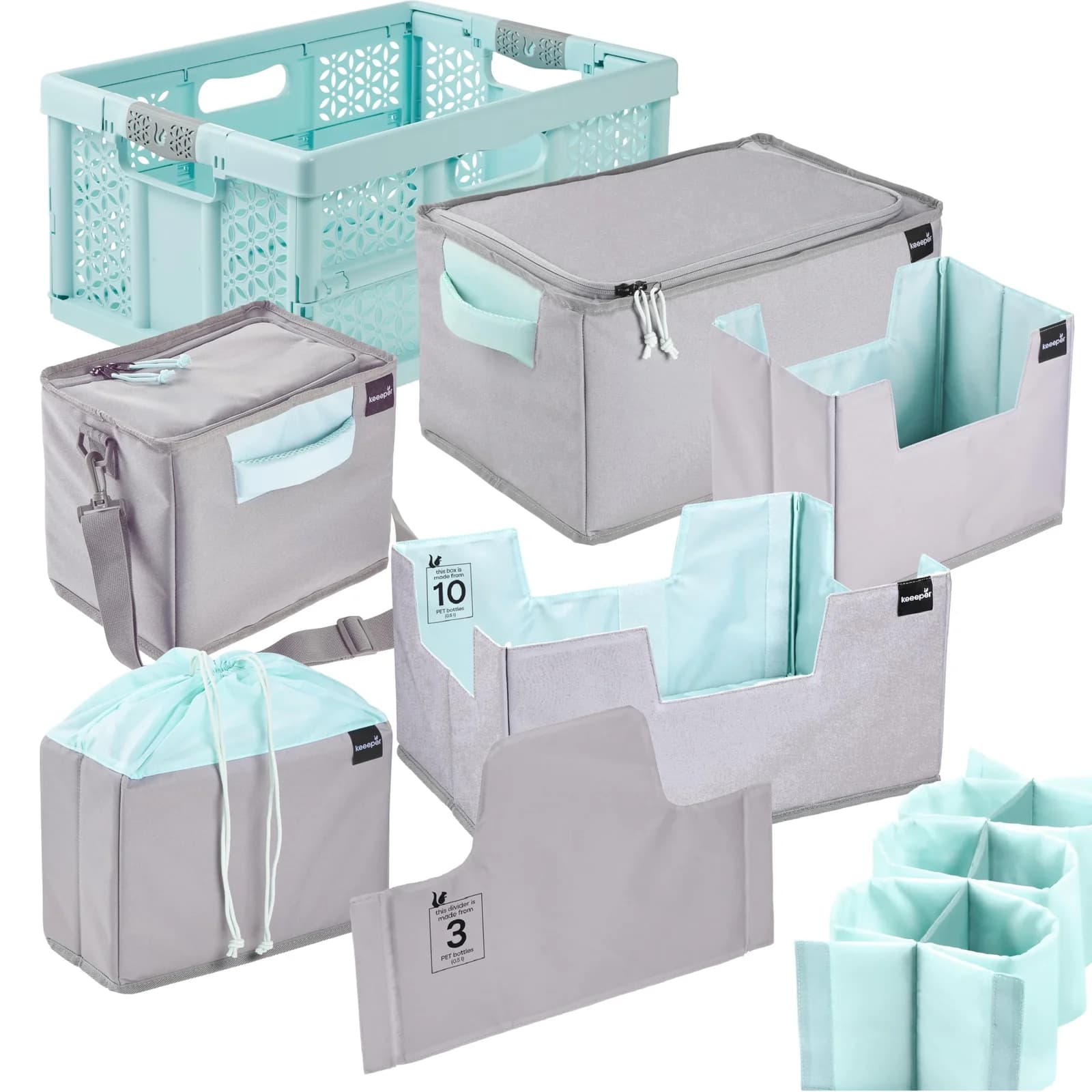 KEEEPER Klappbox 32L und 5x faltbare Boxen und Isoliertaschen nea Aquamarine Grau