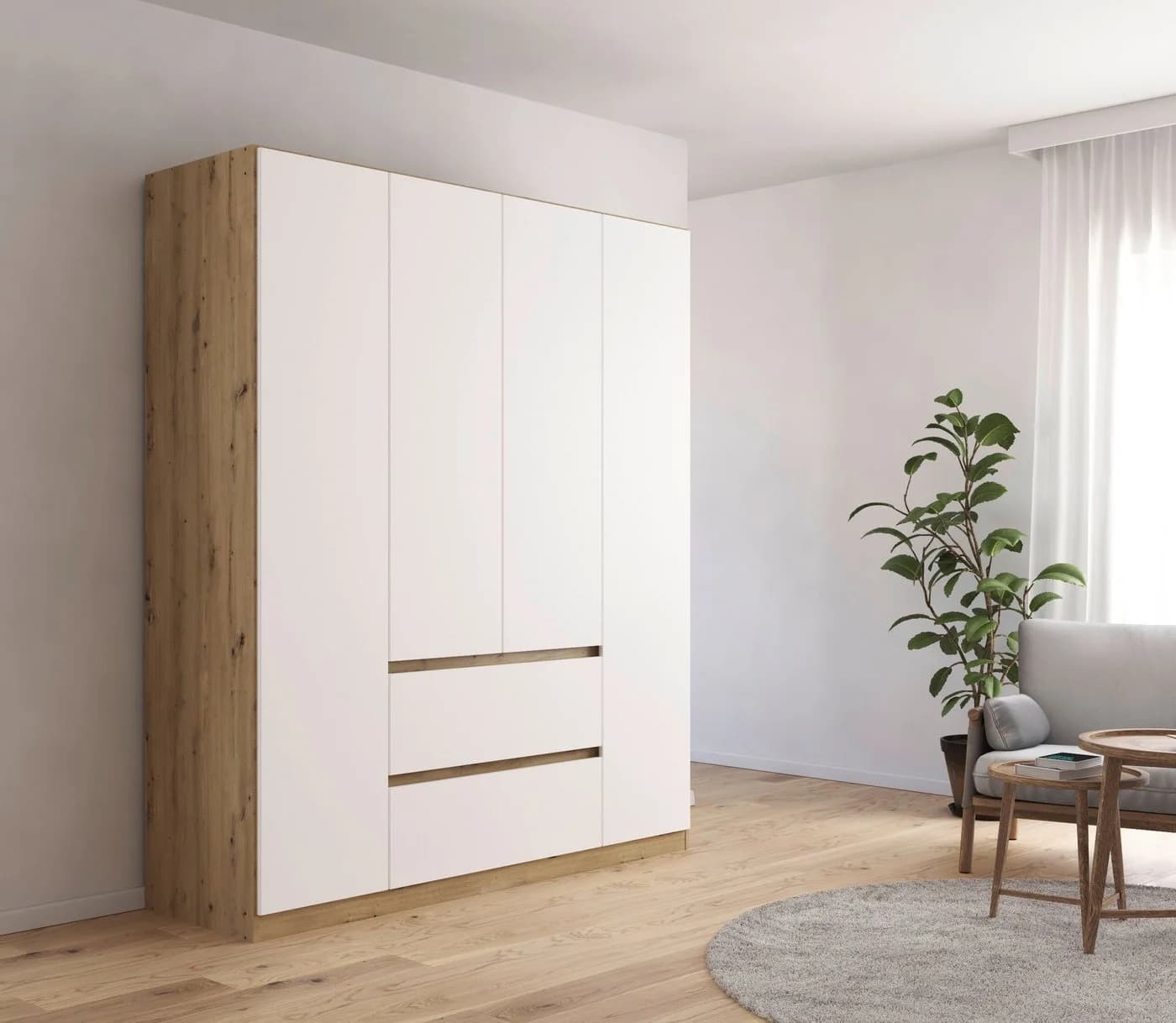 Rauch Kleiderschrank Mainz Weiß Eiche Artisan Push-to-Open