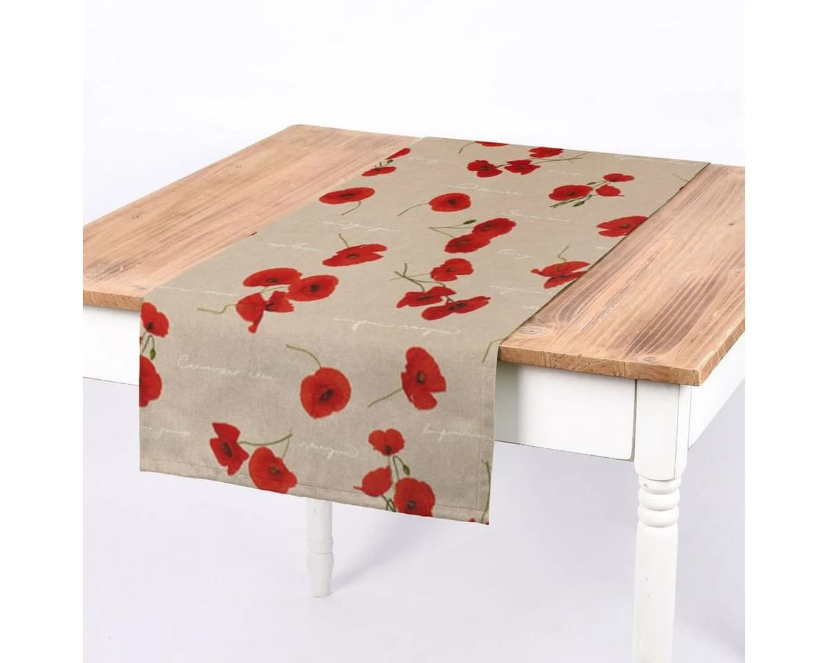 SCHÖNER LEBEN. Tischläufer Mohnblumen Schriftzug Natur Rot Grün Weiß - Bild 2
