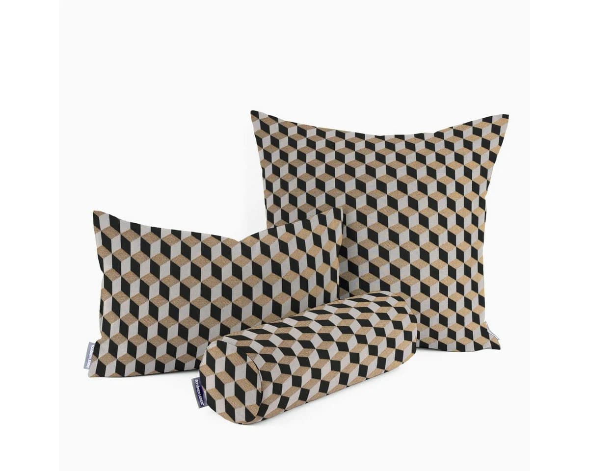 SCHÖNER LEBEN. Dekokissen Jacquard 3D Würfel Schwarz Gold Ecru