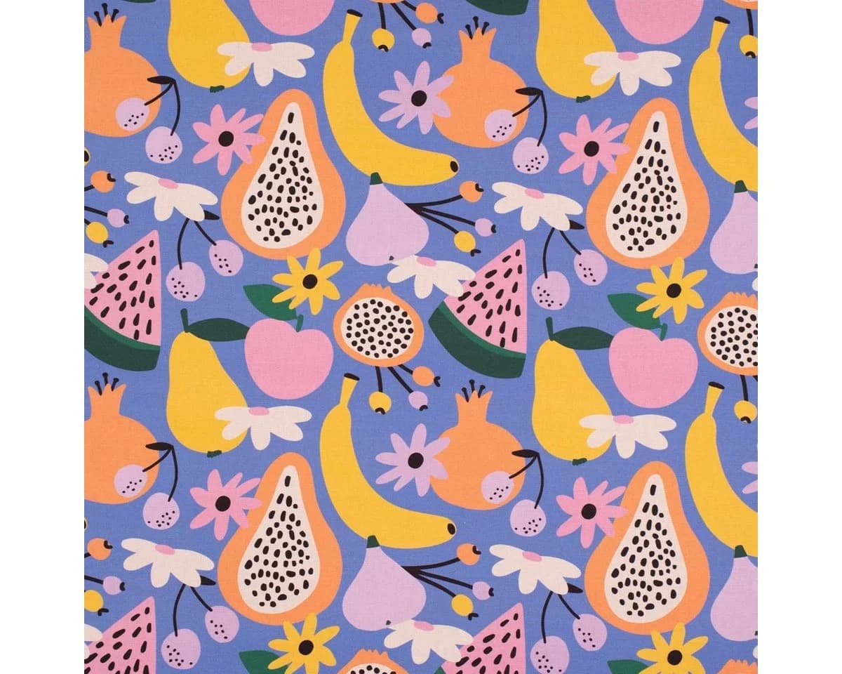 SCHÖNER LEBEN. Tischdecke Retro Pop Obst Blumen lila bunt 100% Baumwolle