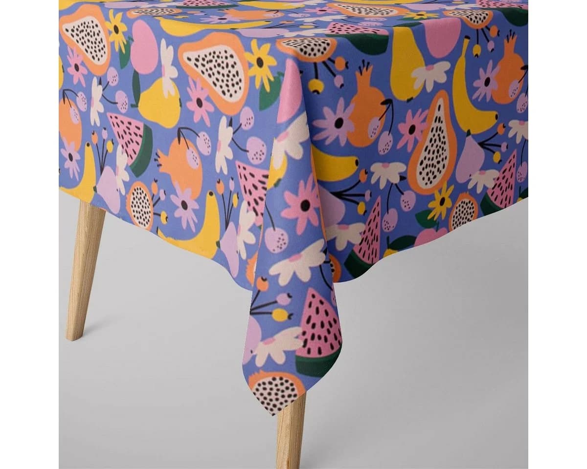 SCHÖNER LEBEN. Tischdecke Retro Pop Obst Blumen lila bunt 100% Baumwolle - Bild 2