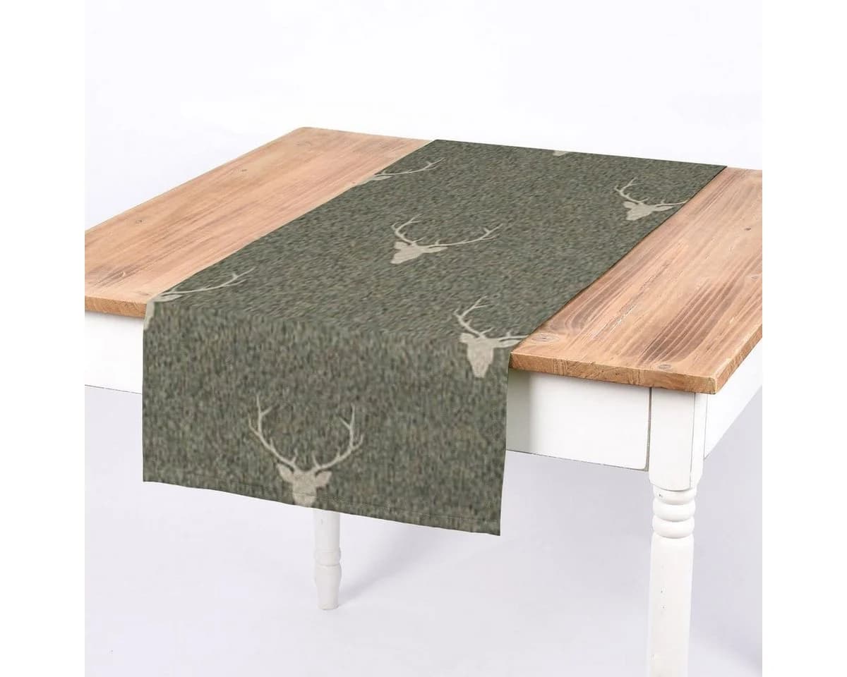 SCHÖNER LEBEN. Tischläufer Jacquard Hirschkopf Geweih Grün Beige - Bild 2
