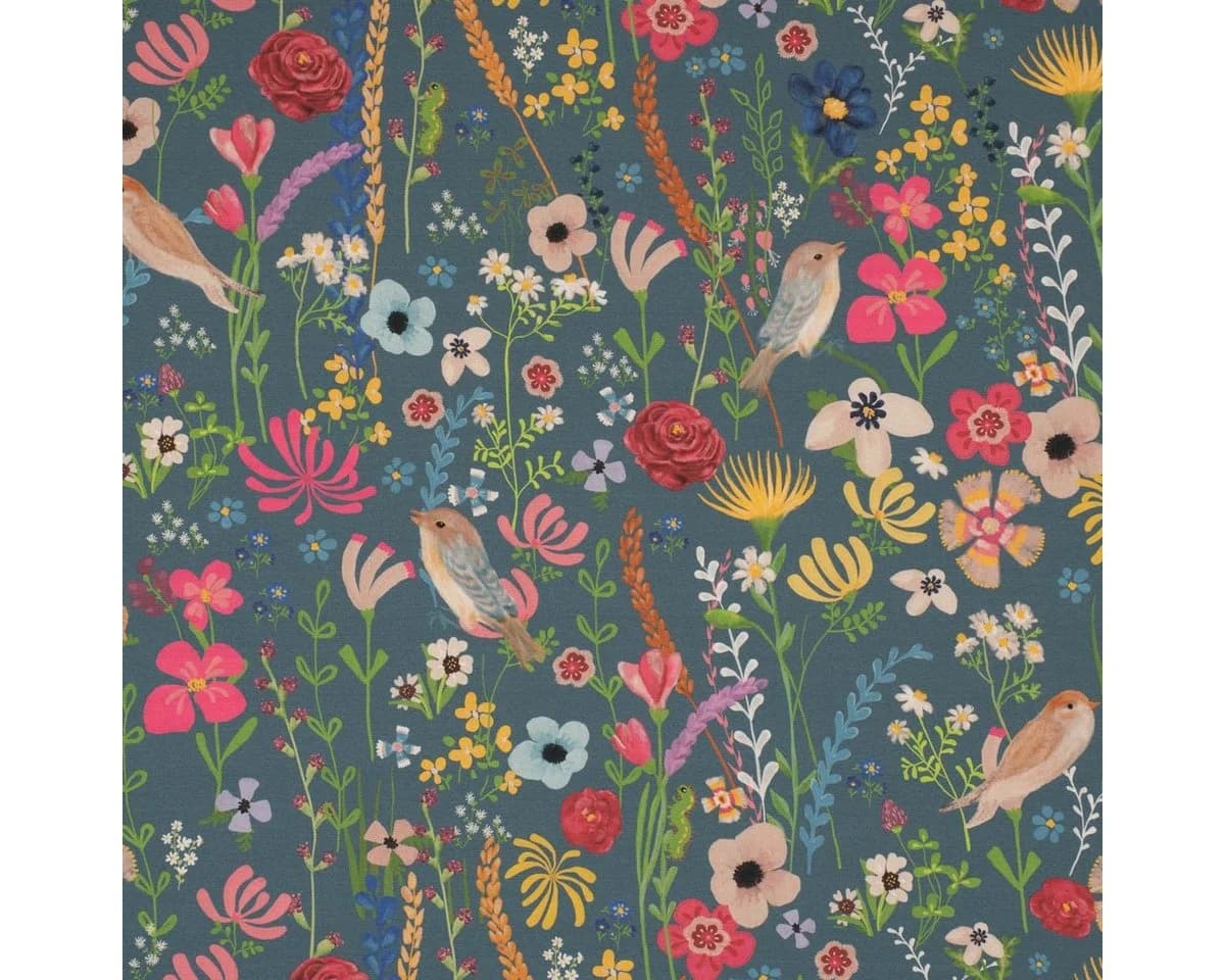 SCHÖNER LEBEN. Tischdecke Blumen Vögel Blau Abwaschbar