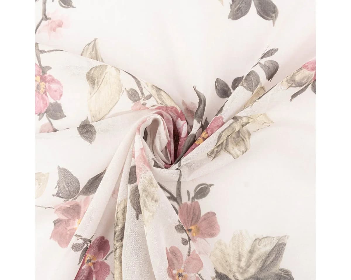SCHÖNER LEBEN. Gardinenstoff Meterware Leinenoptik Ecru Rosa Rosenprint