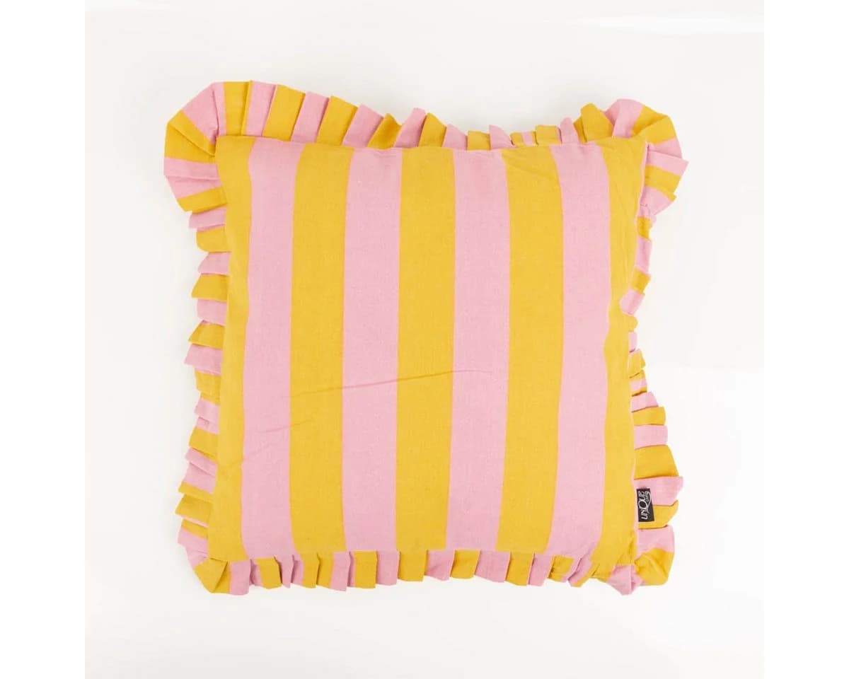 SCHÖNER LEBEN. Dekokissen Summer Stripes mit Rüschenrand gelb rosa