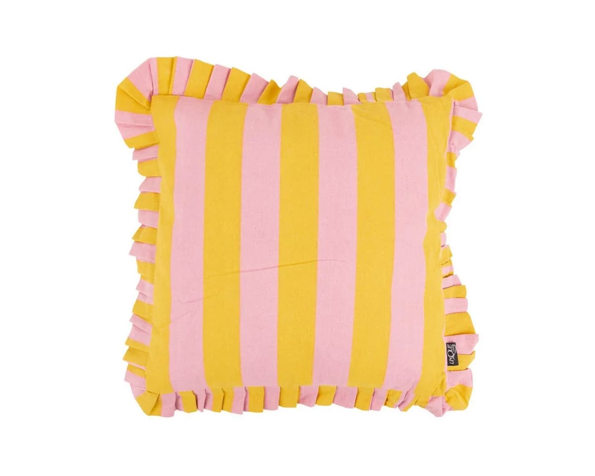 SCHÖNER LEBEN. Dekokissen Summer Stripes mit Rüschenrand gelb rosa - Bild 2