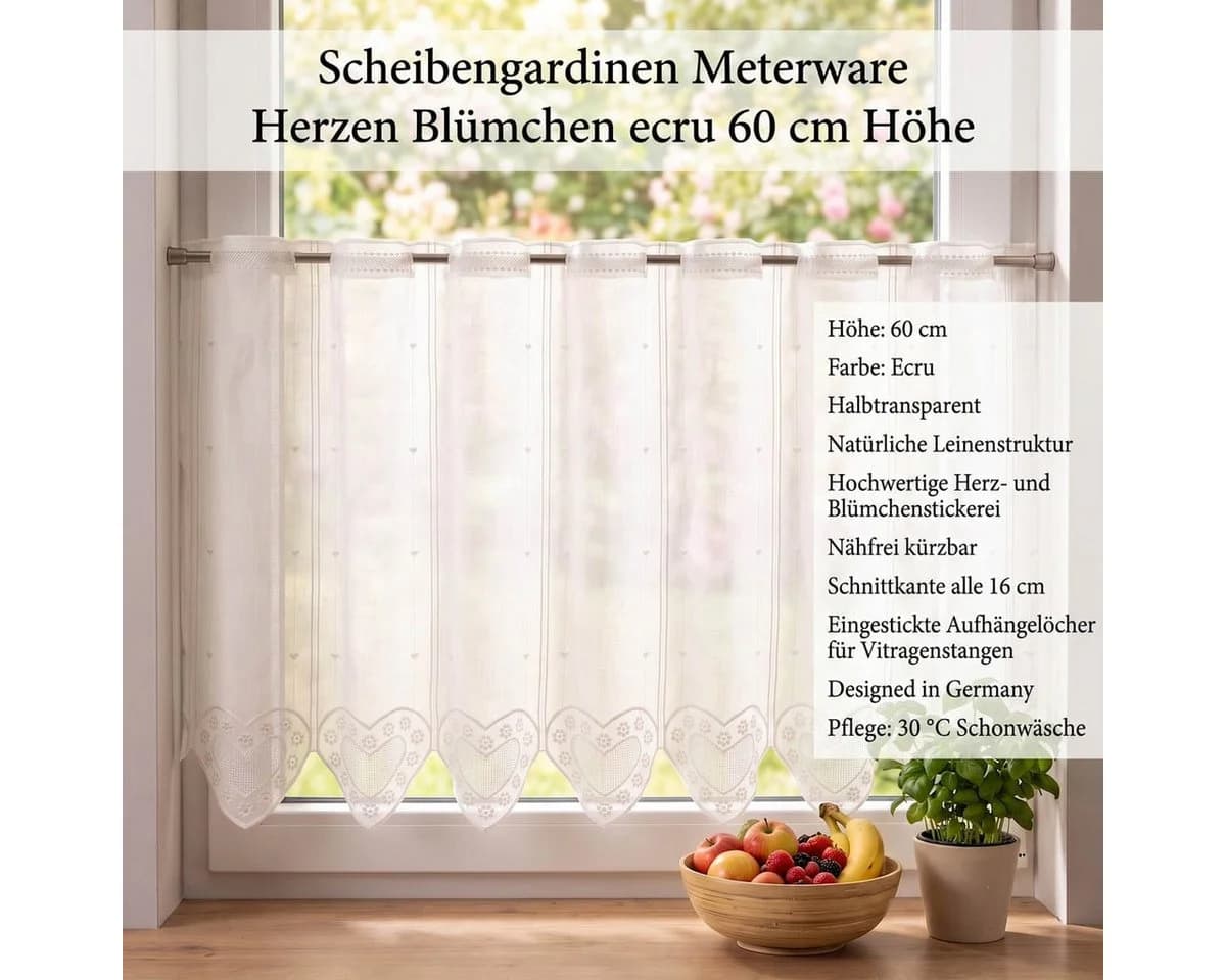 SCHÖNER LEBEN. Scheibengardine Meterware Ecru mit Stickerei