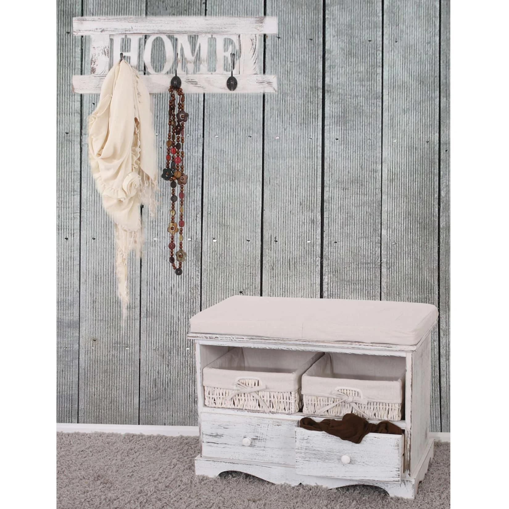 MCW Garderobe mit Sitzbank Kommode 2 Körbe Shabby-Look Vintage Weiß
