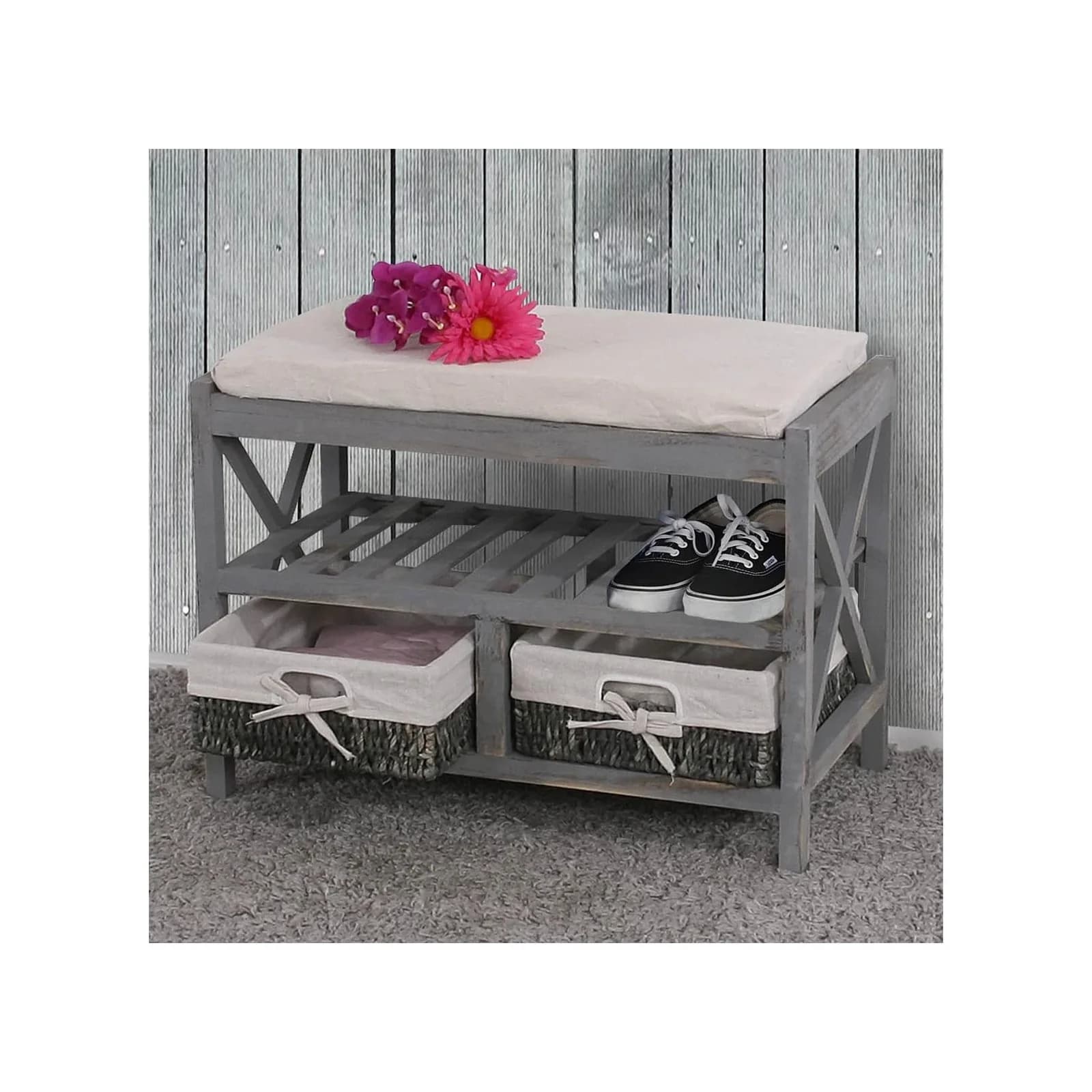 MCW Schuhregal MCW-C48 Sitzbank Grau Shabby-Look Vintage