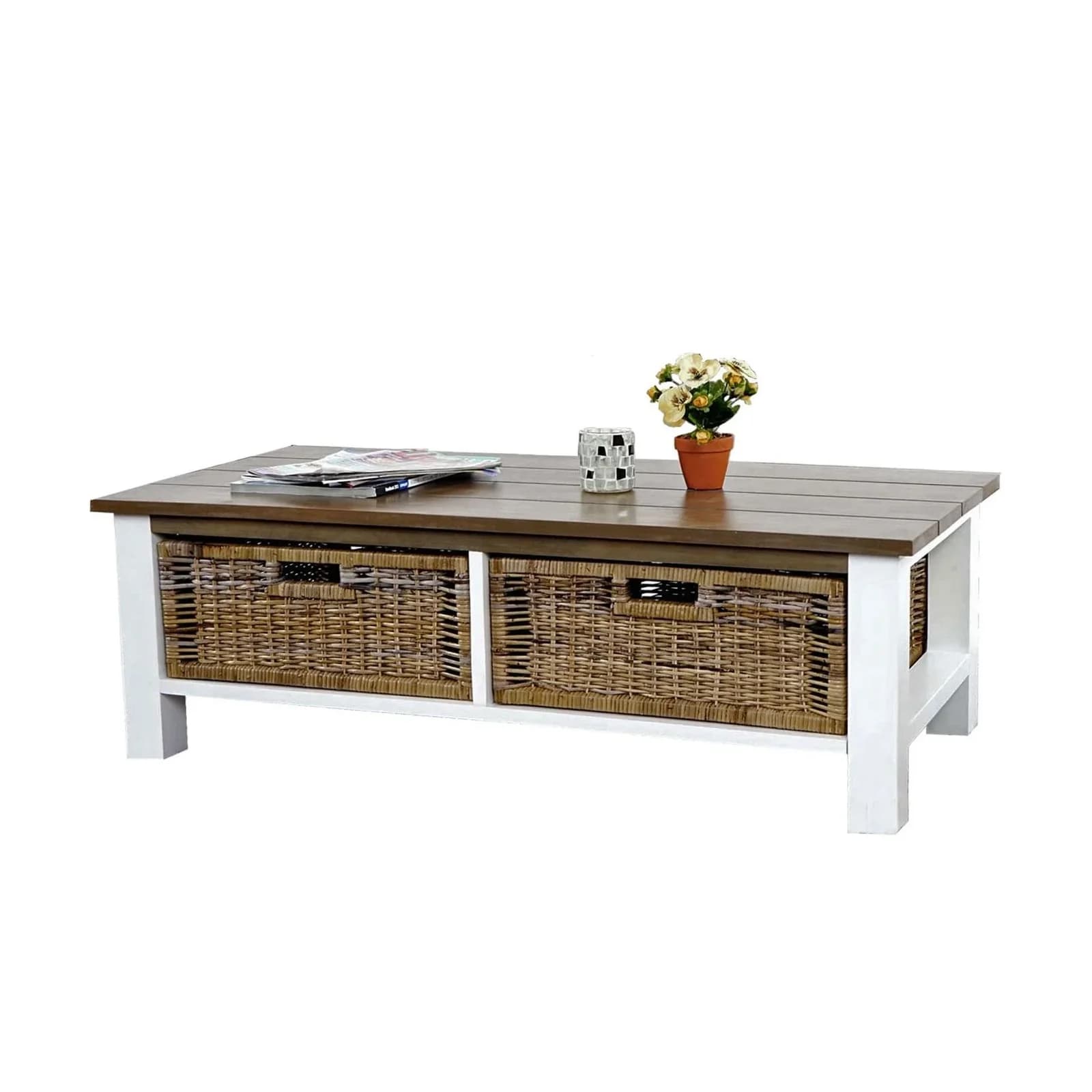 MCW Couchtisch Kalmar Mahagoni mit Rattan-Schubladen und 2 Körben