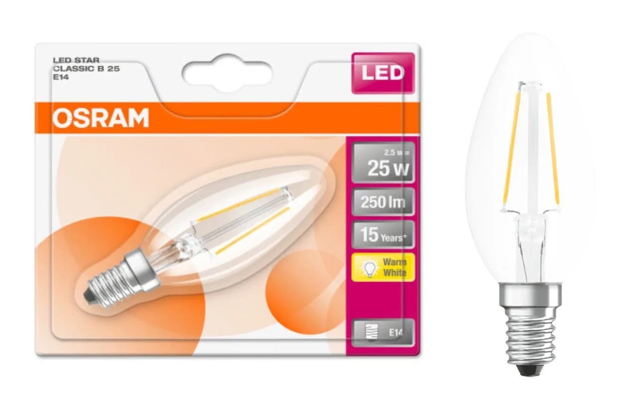 Ledvance Osram LED E14 B35 Kerze Filament Klar 2W Warmweiß 2700K