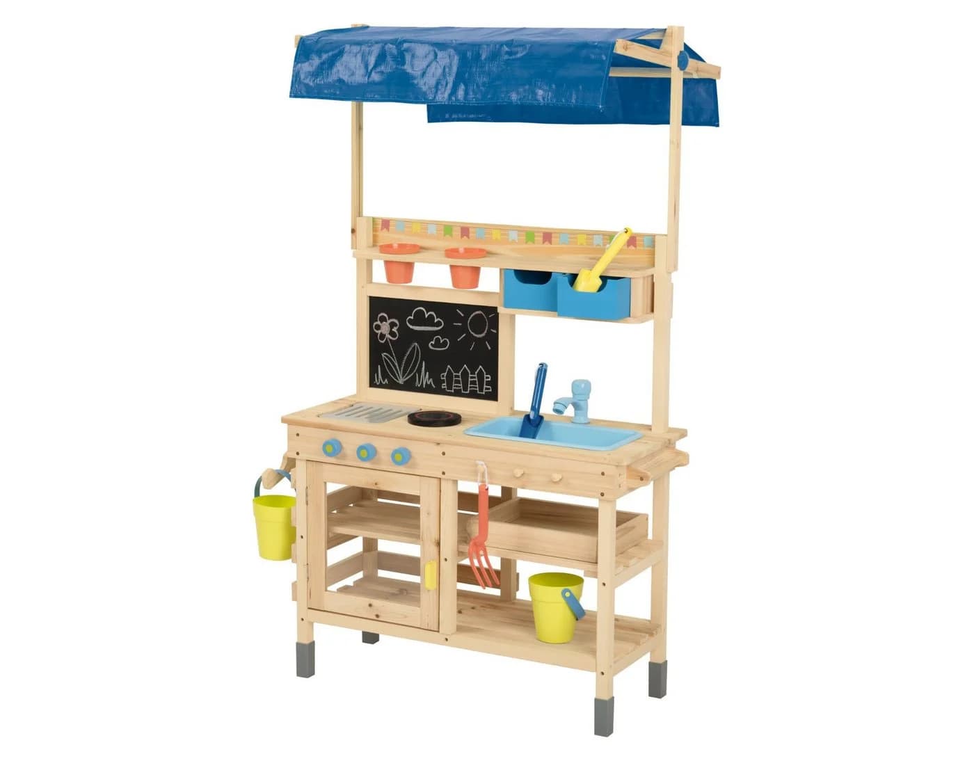 Playtive Outdoor-Spielküche Matschküche Holz mit Dach & Zubehör - Bild 3