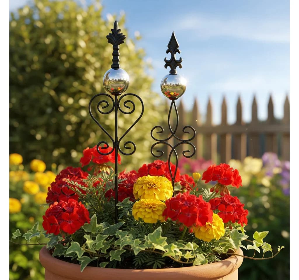 Posiwio Gartenstecker Schwarz Metall Verschnörkelt 2 Stück