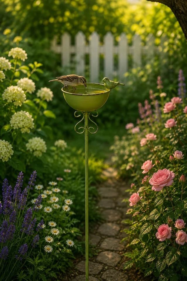 finehomegarden Vogeltränke auf Stab Eisen Grün Vintage 109cm