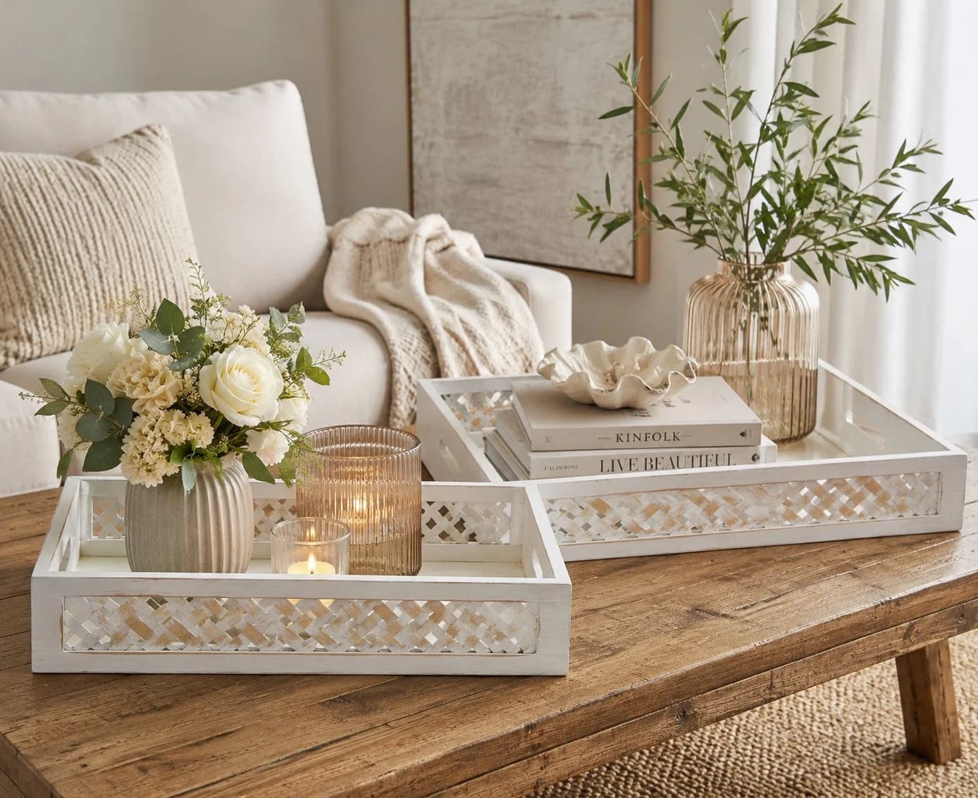 finehomegarden Dekotablett Holz 2er Set Weiß Gewischt Landhaus Vintage