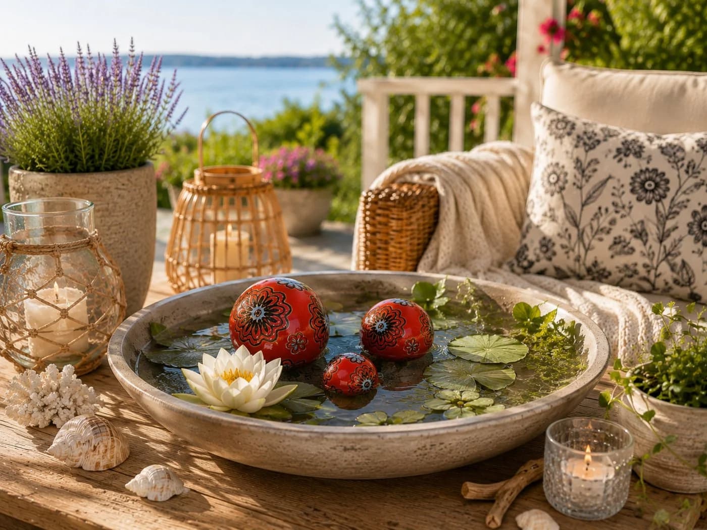 finehomegarden Schwimmkugel Set 3-tlg. Porzellan rot-blau mit Blütenmuster
